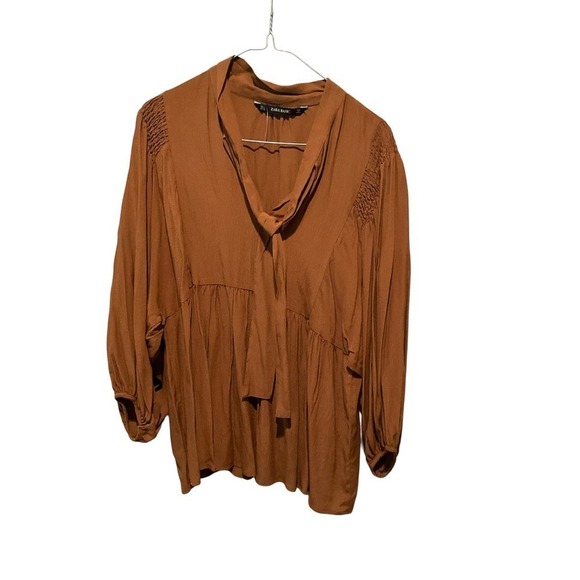 Zara Basics Blouse Top Women's Size L Brown Long Sleeve Knotted Neck Pullover - Picture 1 of 6
